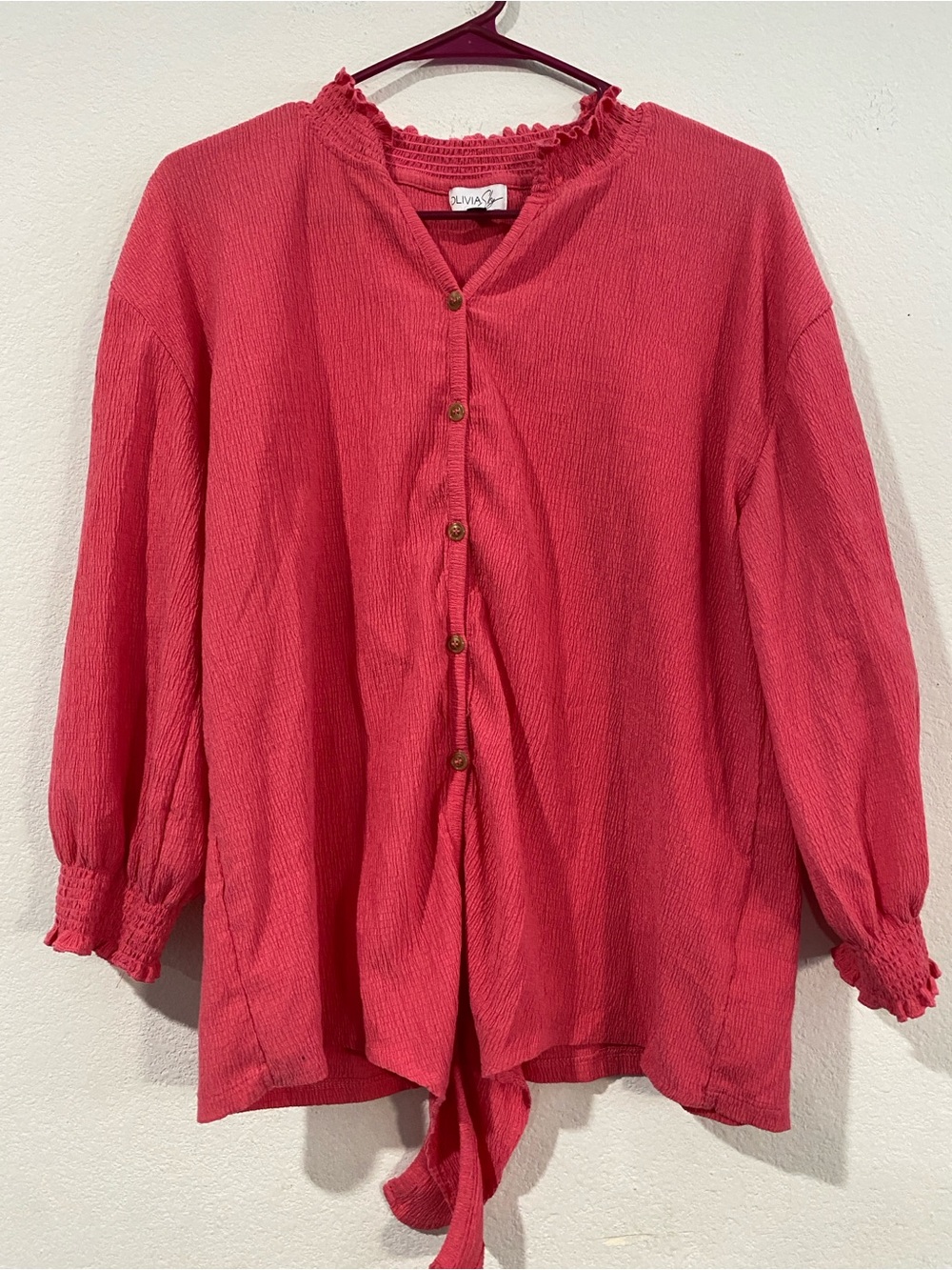 Olivia Sky Crinkled Button-Front Blouse in Coral Pink